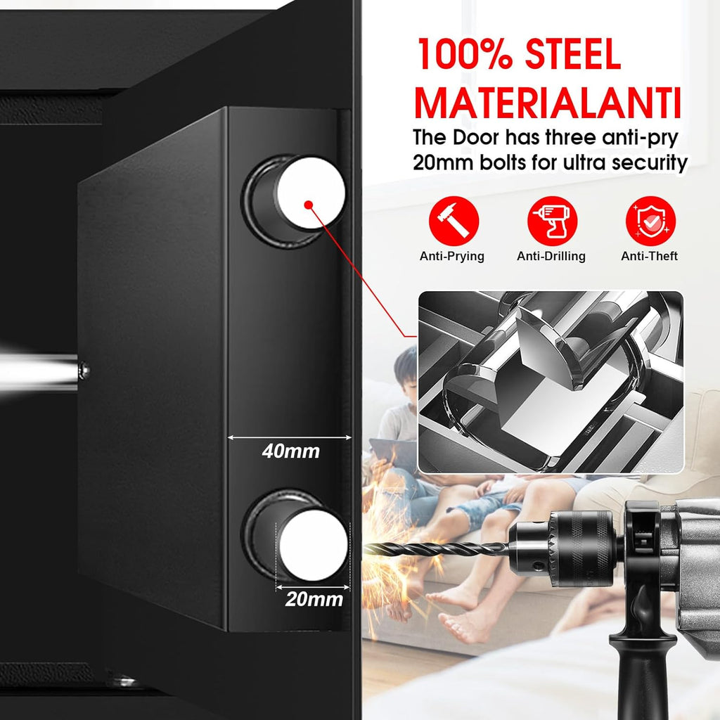 1.8 Cubic Feet Small Personal Safe for Home Use, Anti-theft Fireproof Lock Box with Programmable Keypad, Spare Keys and Removable Shelf, Digital Home Security Safe for Money Documents Medicines