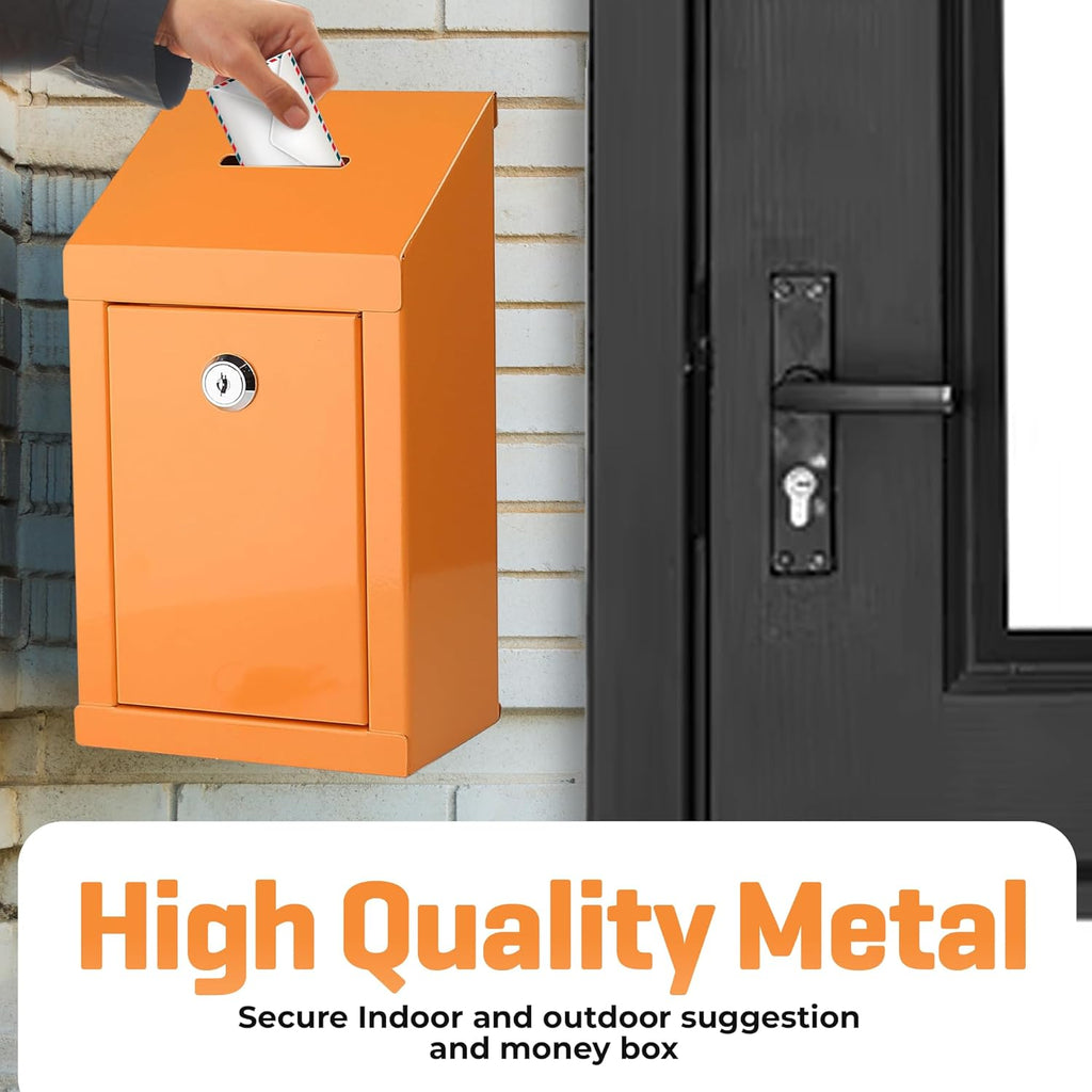 Metal Donation Box-Suggestion Box with Slot and lock-Cash Lock box for Money-Secure Drop Box-Comment and ballot voting box-comes with pre-drilled holes for easy wall mounting 10 X 6 X 2.5"(Orange)