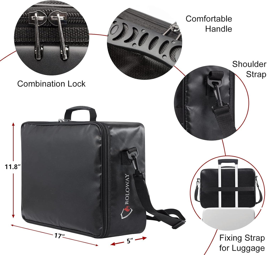 ROLOWAY Fireproof Document Bag with Lock (17 x 11.8 x 5 inch), Important Document Storage Bag with Multi-Layer File Organizers (Black)
