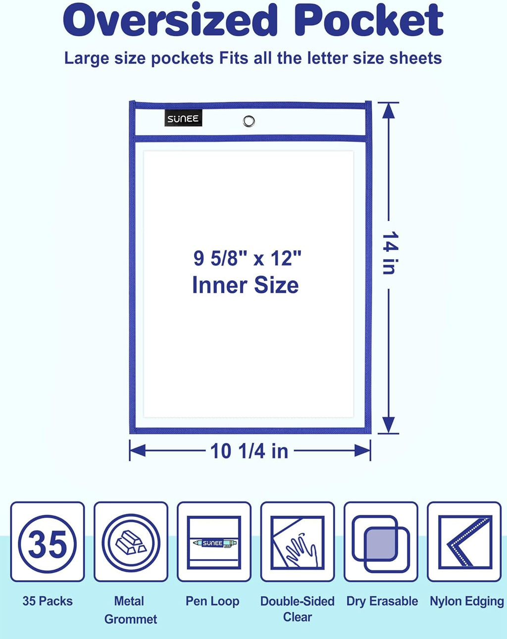 SUNEE 35 Packs Oversized Reusable Dry Erase Pocket Sleeves with 2 Rings, 10 Assorted Colors 10x14 Ticket Holders, Clear Plastic Sheet Protectors, Teacher School Classroom Supplies