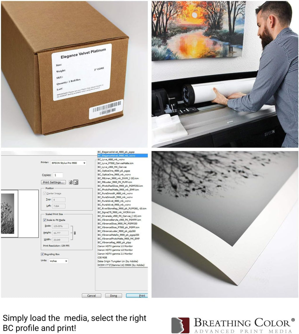 Elegance Velvet 60 in x 40 ft roll is a Premium Matte 310 gsm, Cold Pressed Bright White Museum Grade Fine Art Inkjet Paper, Compatible with Most Dye-Based and Pigment Printers