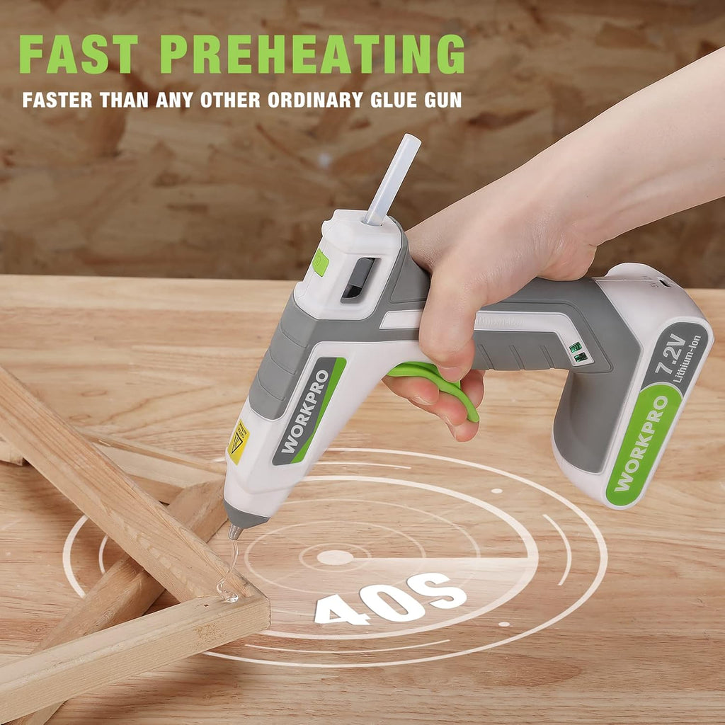 WORKPRO 7.2V Cordless Hot Melt Glue Gun, Rechargeable Fast Preheating Glue Gun Kit with 20 Pc Premium Mini Glue Stick, Automatic-Power-Off for Art, Craft, Decoration, USB Type-C Cable Included