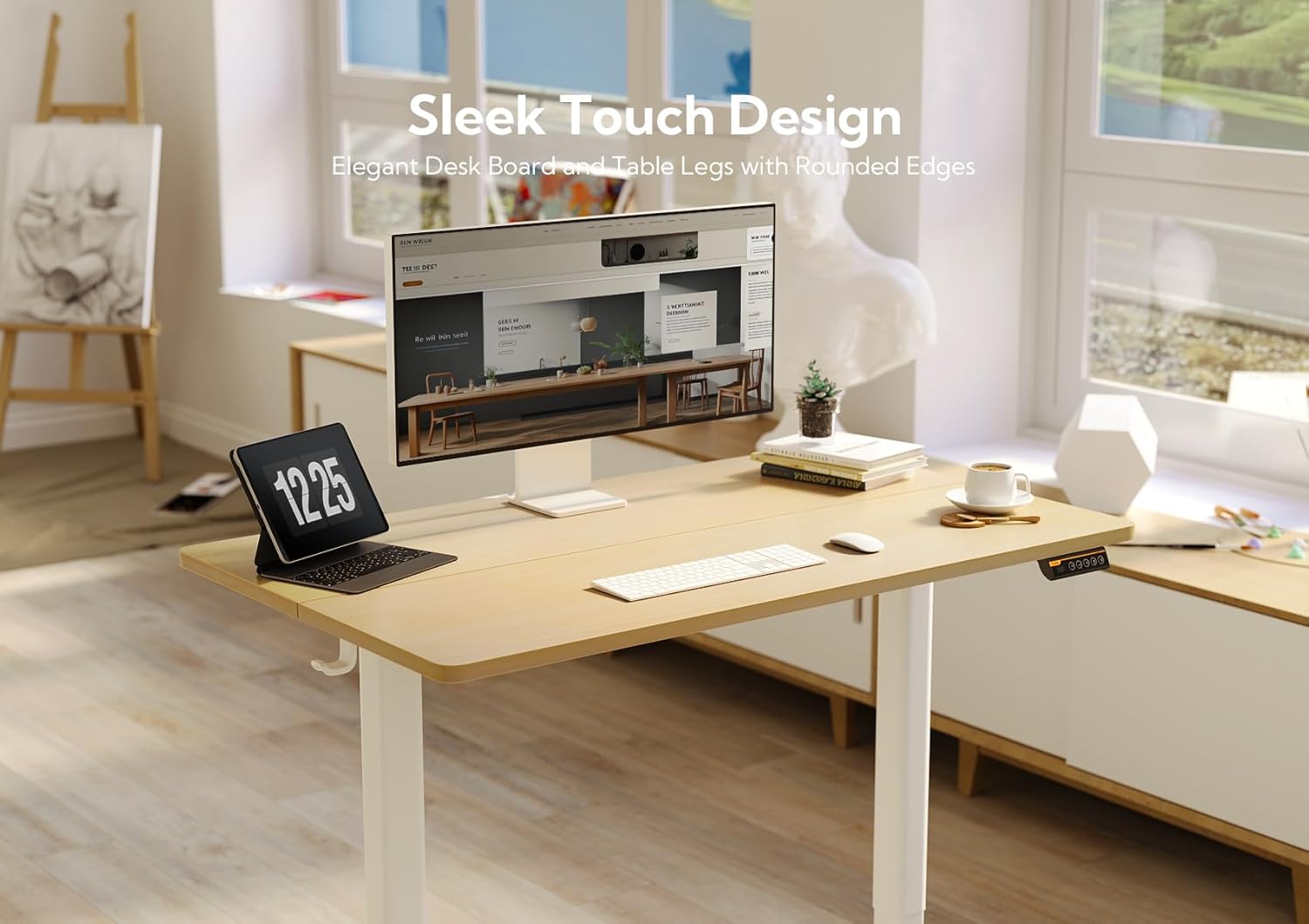 Claiks Electric Standing Desk, Adjustable Height Stand up Desk, 48x24 Inches Sit Stand Home Office Desk with Splice Board, White Frame/Nature Top