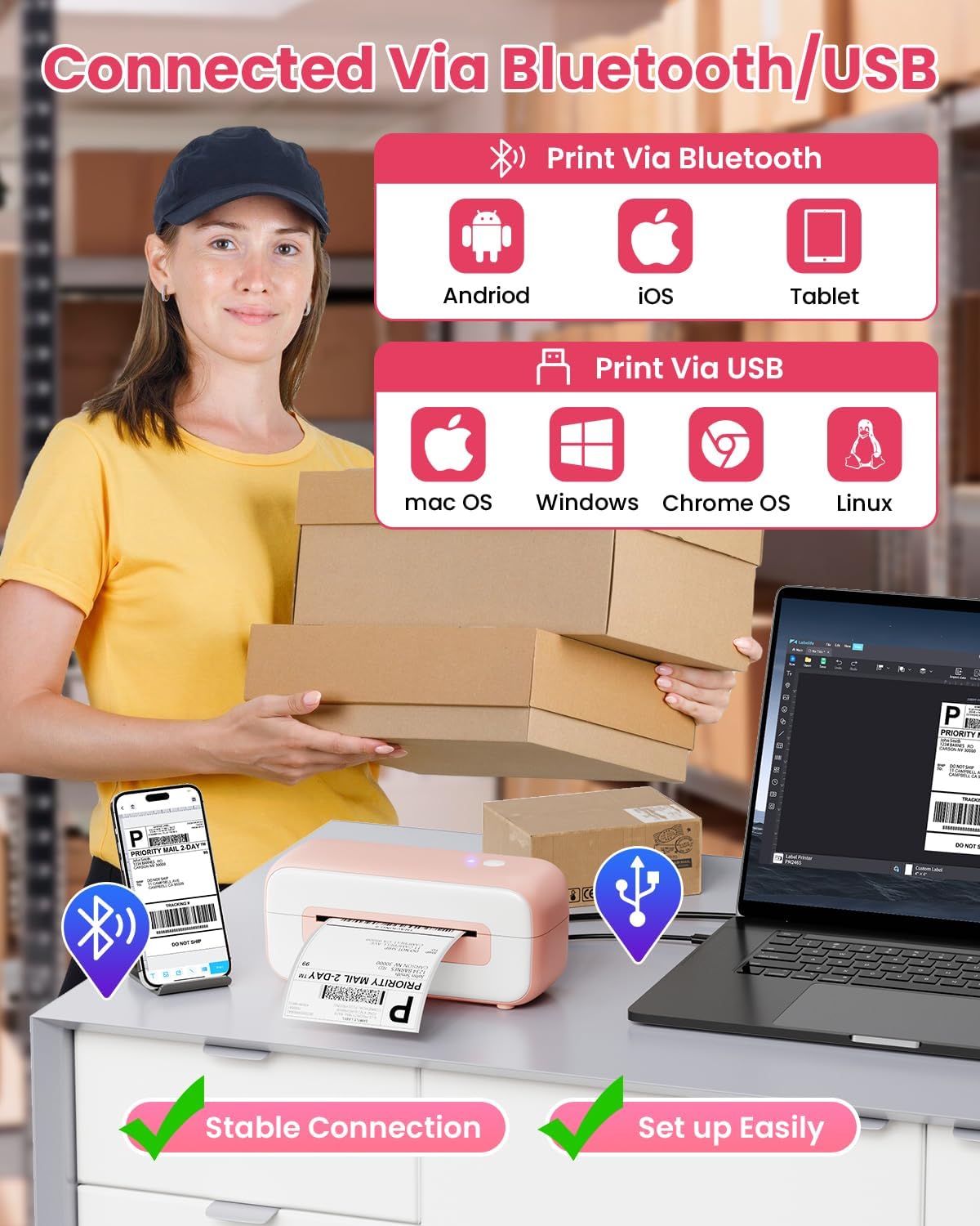 Phomemo Label Printer - 4x6 Thermal Printer for Small Business & Shipping Package, Bluetooth Shipping Label Printers Compatible with Android & iOS,Widely Used for Amazon, Ebay, Shopify, UPS- Pink