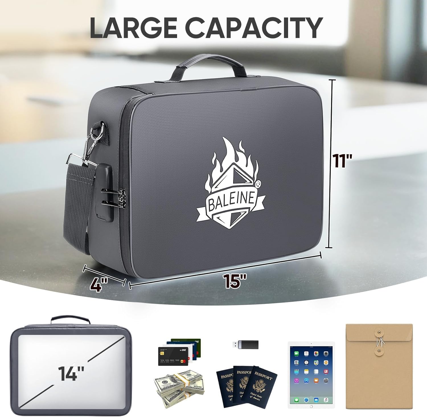 BALEINE Fireproof Document Box with Lock, Portable Fireproof Document Bag Waterproof Fire Proof File Boxes for Documents, File Organizer Box for Important Paperwork (Gray, 15''x11''x4'')