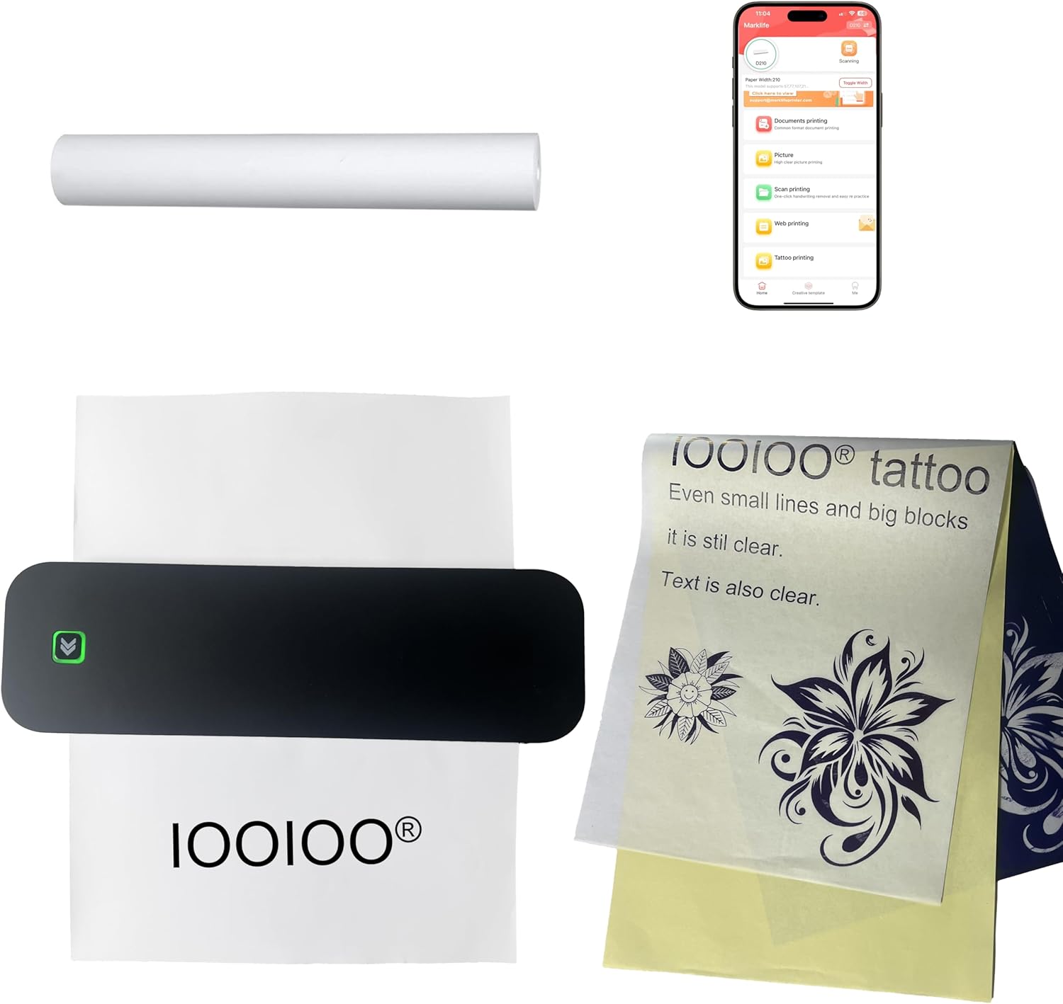 IOOIOO D210 Portable Printer, Wireless Inkless Bluetooth Thermal Printer for Tattoo Stencil Transfer Paper, for 8.5 x 11 Letter, A4 Rolled & Folded Thermal Paper (Black, Without Carrying Case)