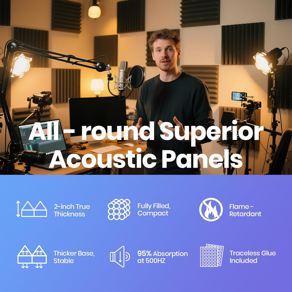 Acoustic Panels 50 Pack 2"x12"x12" with 300 PCS Double-Side Adhesive - Sound Proof Pyramid Foam for Walls, Home Studio Noise Absorption & Echo Control Kit