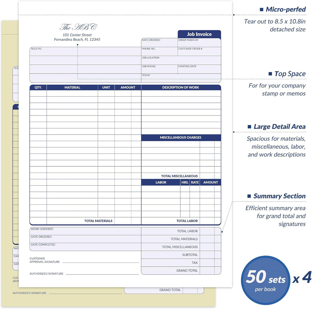 Job Work Order Forms, Large Size Contractor Invoice Book 8-1/2" x 11-7/16", Invoice Receipt Book for Small Business, 2-Part Carbonless Forms, 200 Sets (4 Books)