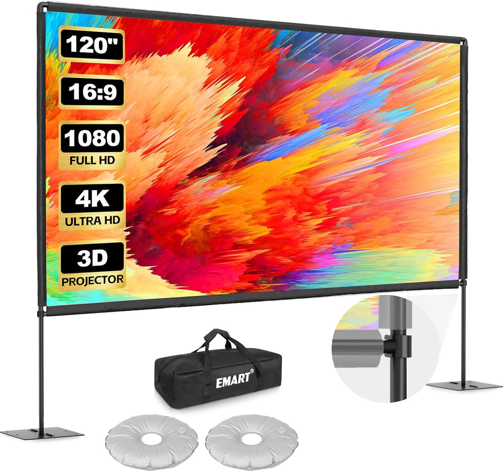 EMART Outdoor Projector Screen with Stand, 120 Inch Portable Projector Stand Indoor 16:9 4K HD Rear Front Movie Screen with Heavy Flat Base for Backyard, Party, Night(Include Water Bag, Carry Bag)