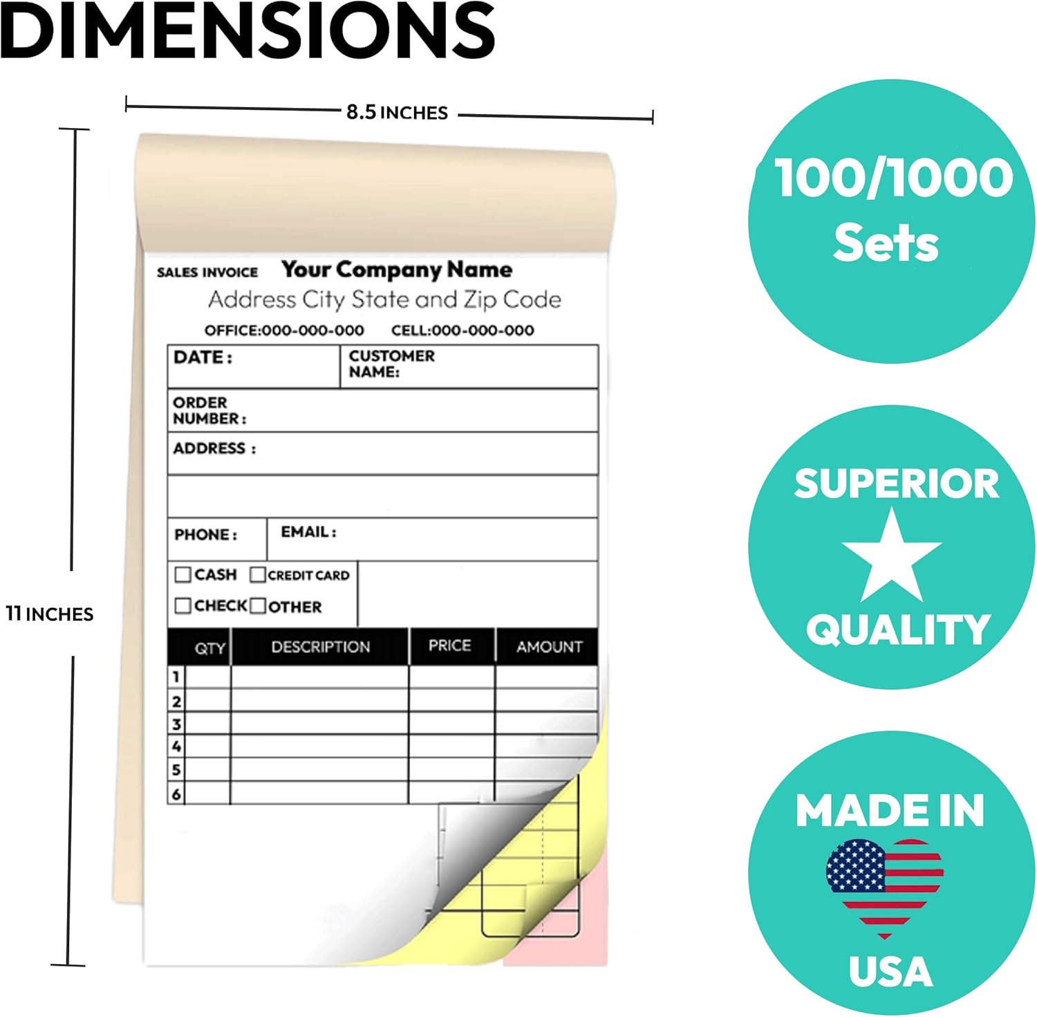 Custom 8.5" X 11" Invoice Receipt Book, Carbonless NCR Invoice Book in 2-Part Duplicate Receipts, Estimates, Purchase Orders, Sales Orders, Price Forms with Your Company/Business Name
