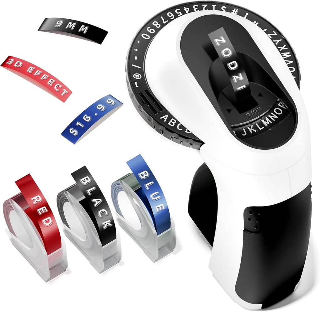 Zodzi Embossing Label Maker, Vintage Embossed Label Makers, Manual Retro Label Maker Machine for Home Kitchen Office Kids School Items, Old School Embosser with 3 Rolls 9mm 3D Labeler Waterproof Tapes