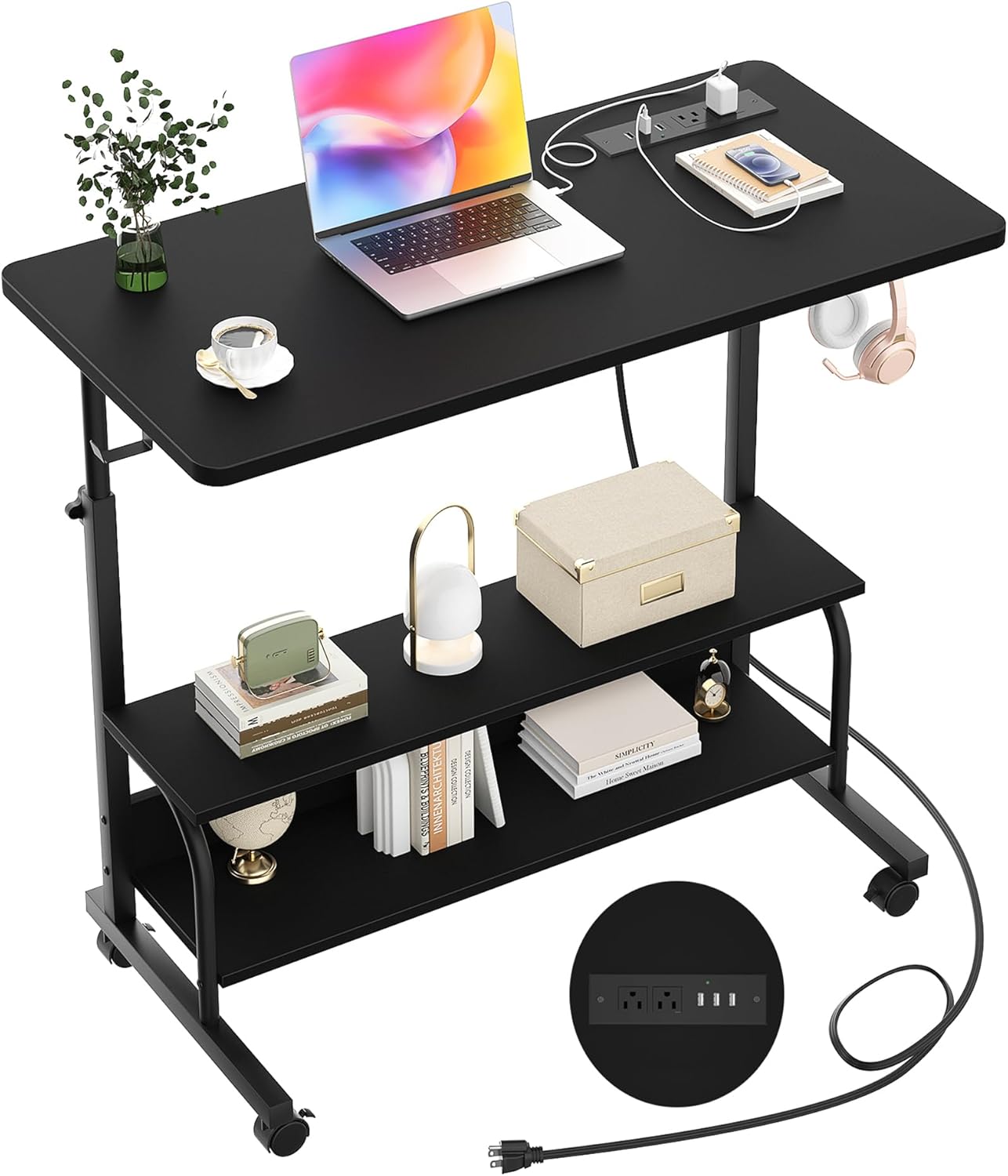 Armocity Height Adjustable Standing Desk with Power Outlets, 32" Manual Stand Up Desk with Storage Shelves Small Mobile Rolling Computer Desk Portable Laptop Table with Wheels for Home Office, Black