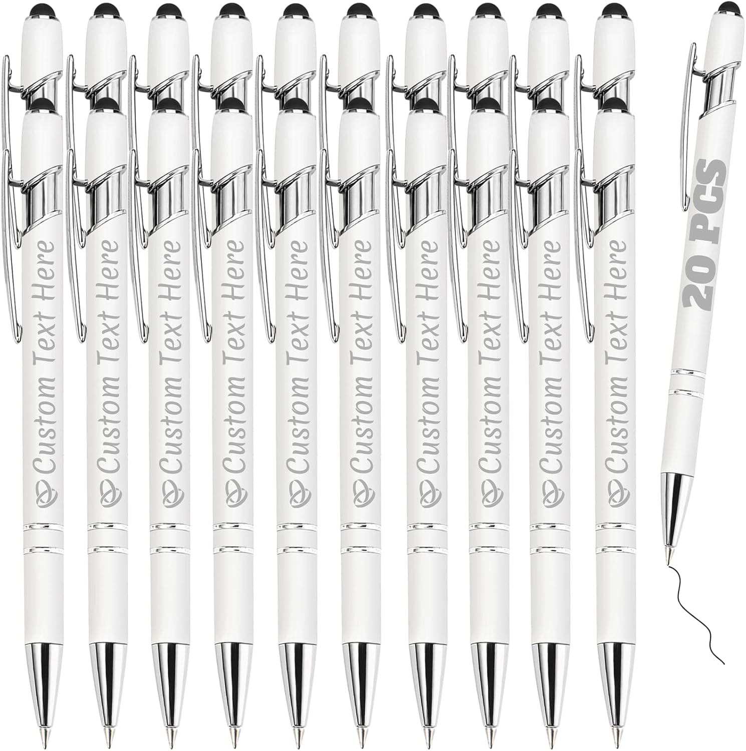 Personalized Pens Bulk 20 with Name Custom Engraving Ballpoint Pens with Stylus Tip Customized Smooth Writing Pens Personalized Gifts for Anniversary Birthday or Graduation(White,Black Ink)