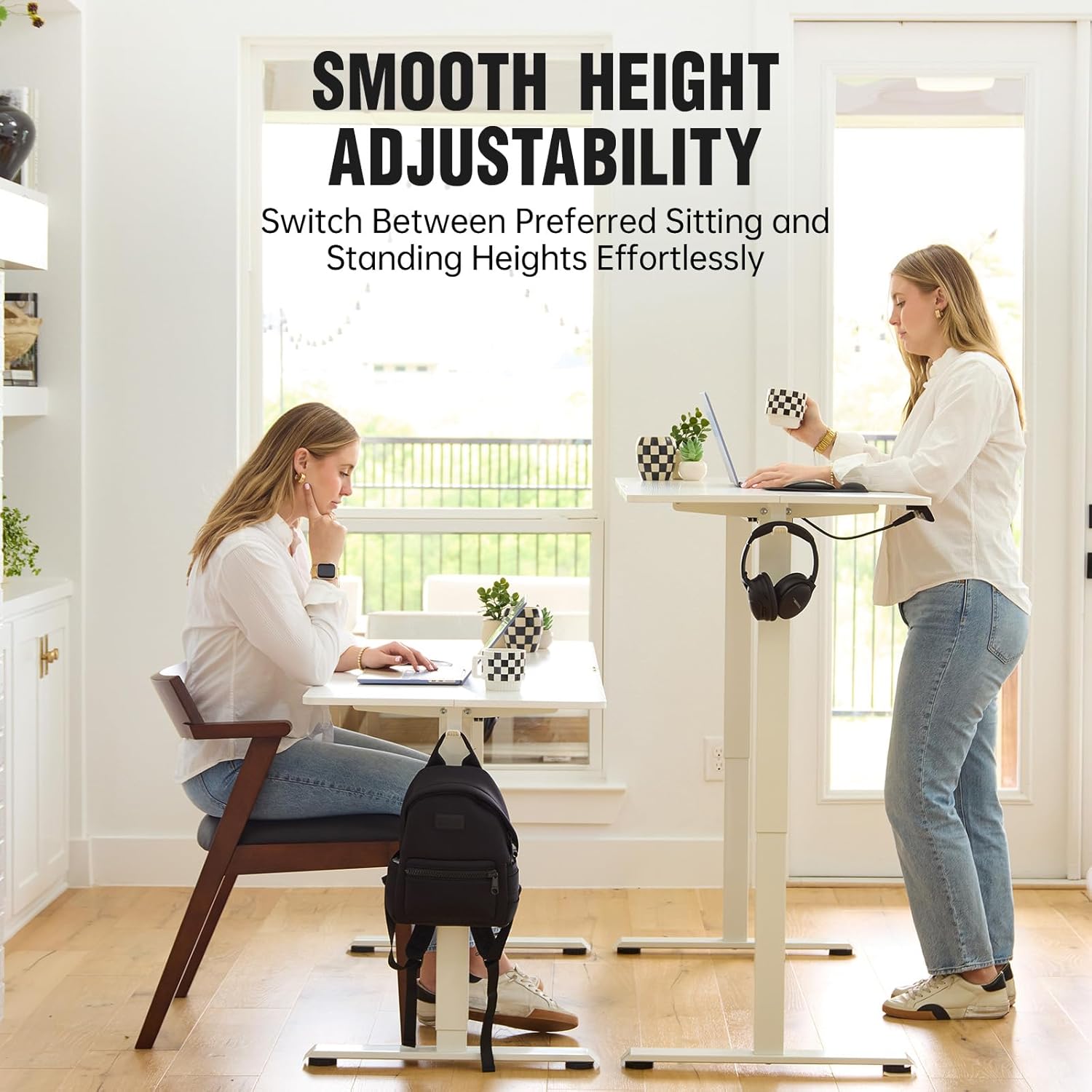 Veken 55 Inch, Height Adjustable Sit Stand Up, Wood Desktop, Work Home Office Computer PC Table, Tall Standup Workstation, Gaming Writing Study Bedroom Rising Desks, White