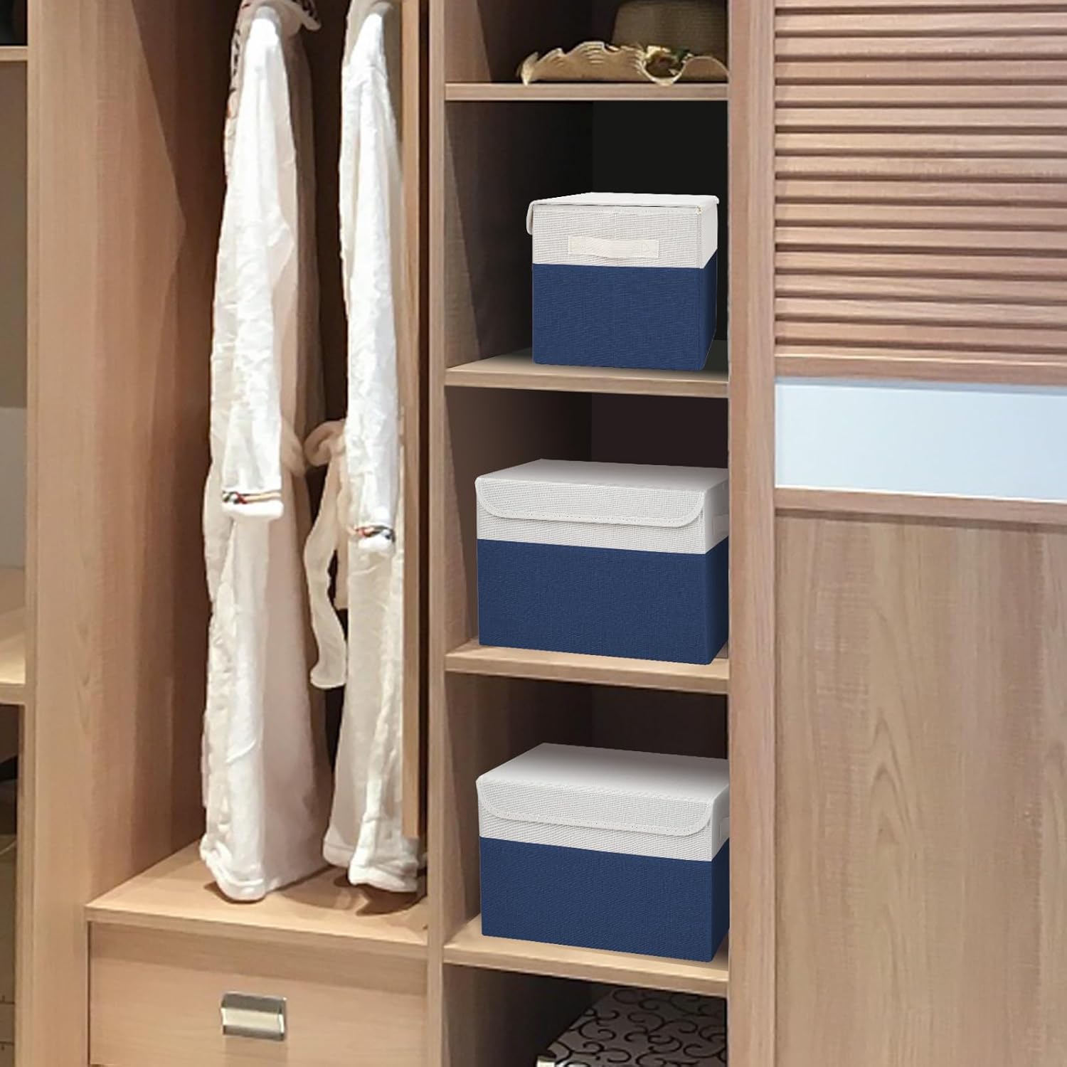 Large 22 Quart Linen Fabric Foldable Storage Bin Cube Organizer Basket with Flip-Top Lid & Handles, Clothes Blanket Box for Home, Office, Closet, Navy Blue & White, 4 Pack 14.6 x 9.5 x 9.5