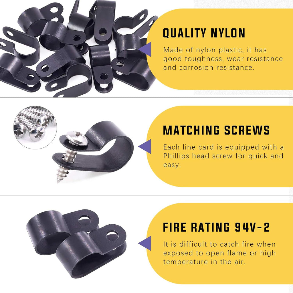 Swpeet 60 Pack Black 1/2 Inch Nylon Plastic R-Type Cable Clips Clamp Kit, Nylon Screw Mounting Cord Fastener Clips with 60 Pack Screws for Wire Management