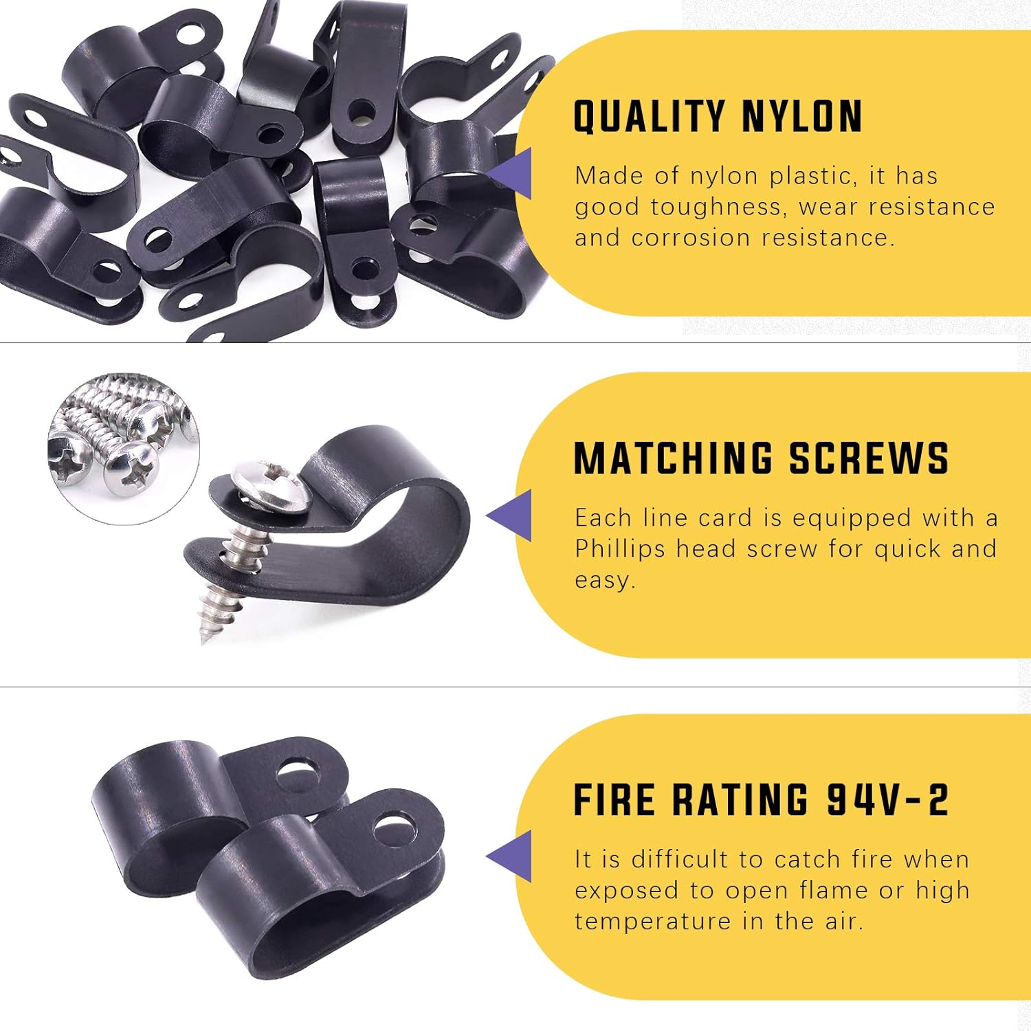 Swpeet 60 Pack Black 1/2 Inch Nylon Plastic R-Type Cable Clips Clamp Kit, Nylon Screw Mounting Cord Fastener Clips with 60 Pack Screws for Wire Management