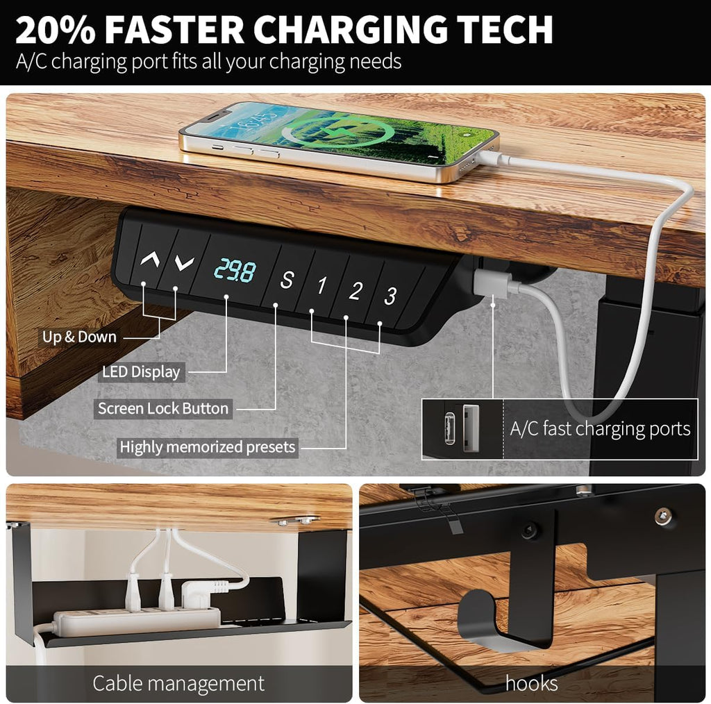 Standing Desk with Fast Charging USB Ports, 63" x 30" Height Adjustable Home Office & Gaming Desk, Sit Stand Desk with Built-in Storage Shelf, Hook & Ergonomic Design(Light Rustic)