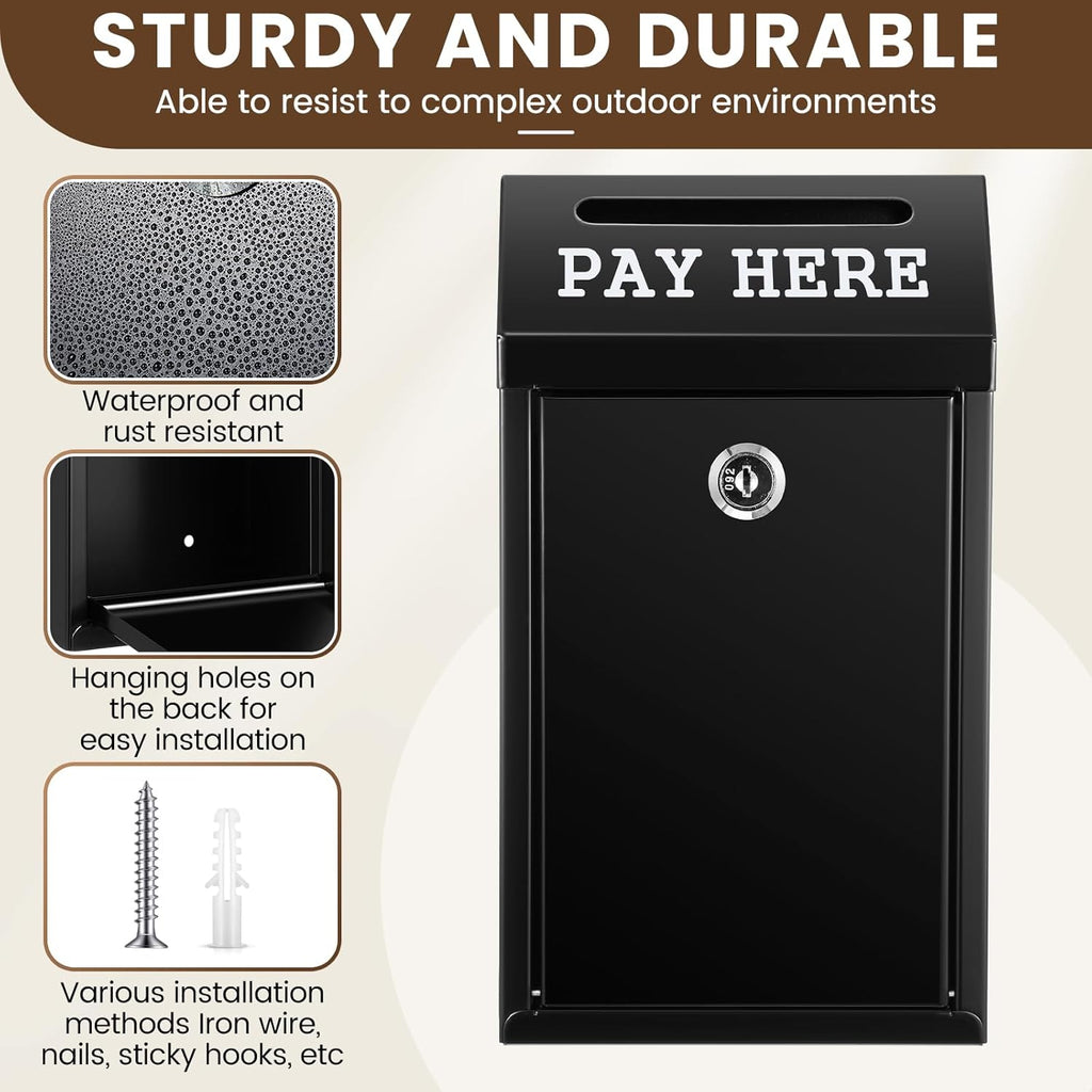 Safe Cash Box Money Collection Metal Donation Box with Lock Wall Mount Pre Drilled Mailbox Delivery Ballot for Home Office Outdoor Self Serve Stand(Black,10.2 x 5.7 x 2.8 Inch)