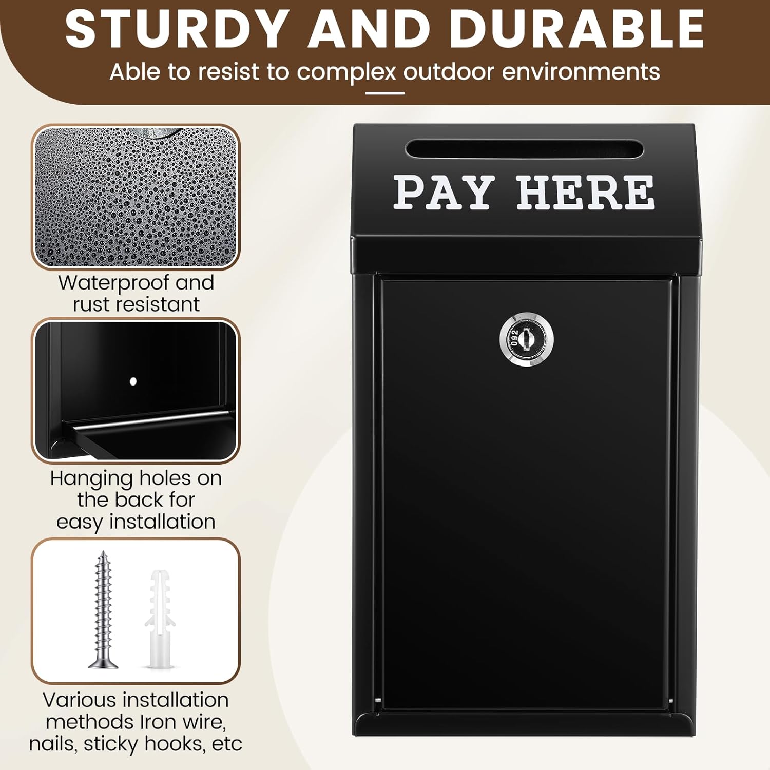 Safe Cash Box Money Collection Metal Donation Box with Lock Wall Mount Pre Drilled Mailbox Delivery Ballot for Home Office Outdoor Self Serve Stand(Black,10.2 x 5.7 x 2.8 Inch)