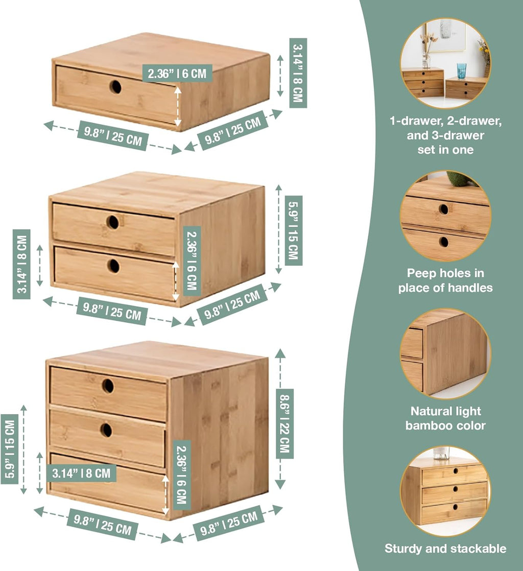 Set of 3 Bamboo Organizer Desktop Drawers - 1, 2, 3 Drawer Storage Organizer Ideal for Desk Accessories, Office Supplies, Makeup Storage & More - Tabletop Wood Box Stackable Drawers