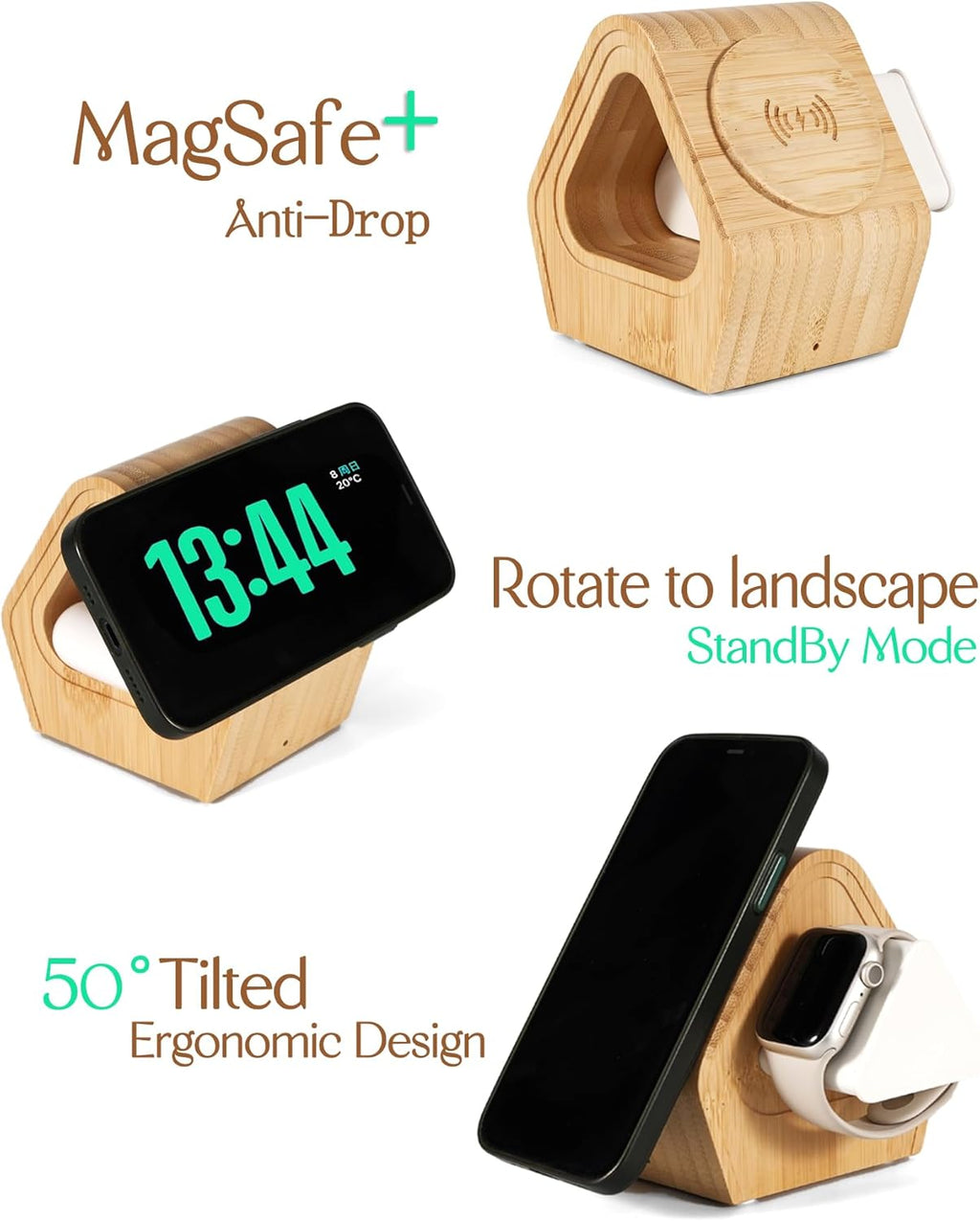 Bamboo Wireless Charging Station for Apple: 3-in-1 Charger Stand with Cabin Style for iPhone 16 15 14 13 12 Series, Apple Watch 10-2, Ultra, and AirPods 4-2, Pro, MagSafe Wireless Charger(20W Adapter)