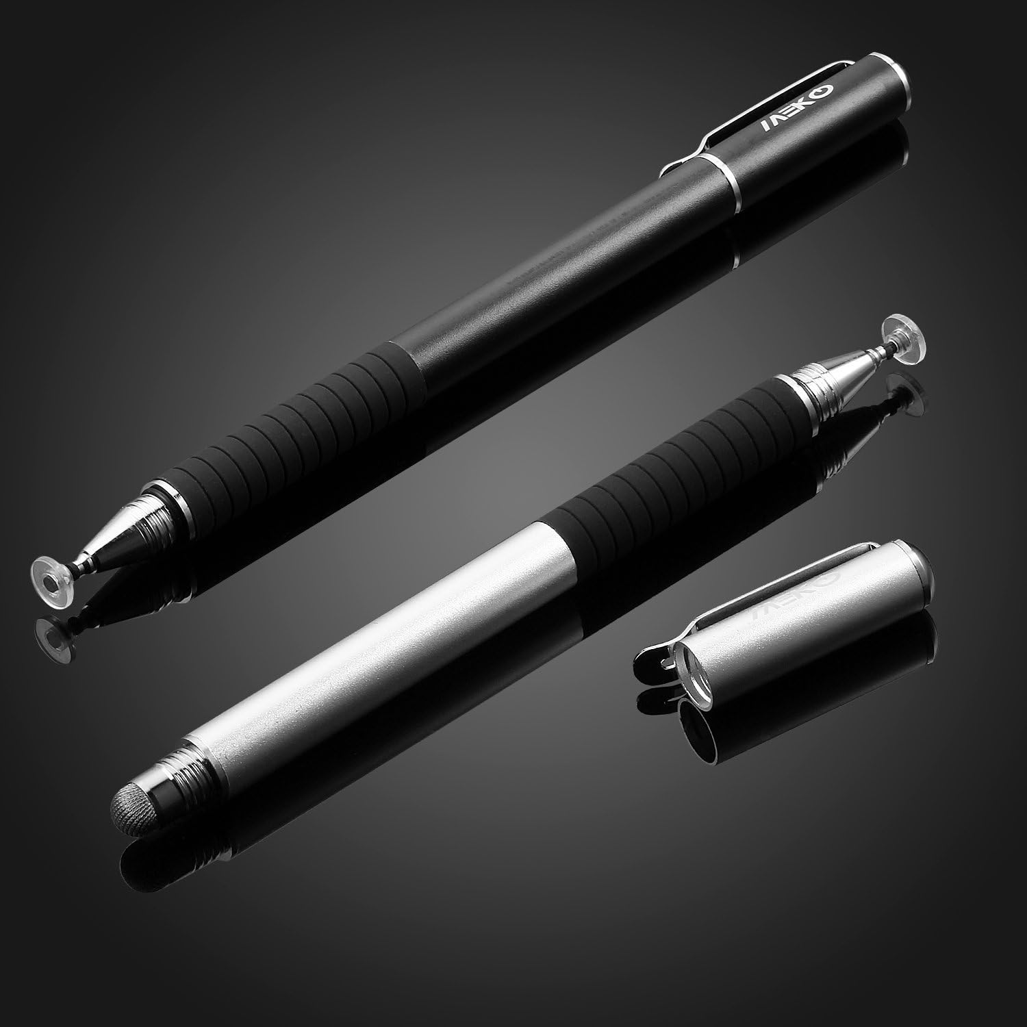 MEKO(2 Pcs)[2 in 1 Precision Series] Disc Stylus/Styli for All Touch Screen Devices Bundle with 4 Replaceable Disc Tips, 2 Replaceable Fiber Tips- (Black/Silver)