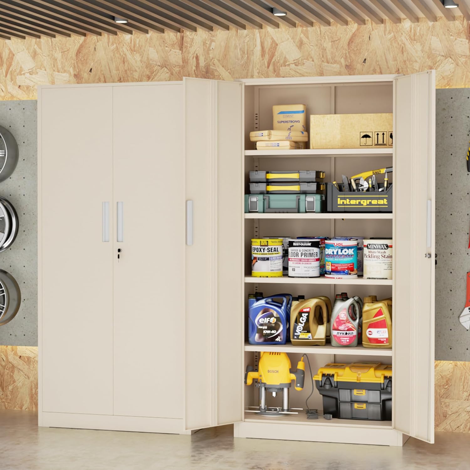 SUNCROWN 72" Metal Storage Cabinet - Heavy-Duty Metal Garage Cabinet with 4 Adjustable Shelves & 2 Doors for Tools, Office, Home, Workshop,Warm Grey-Small