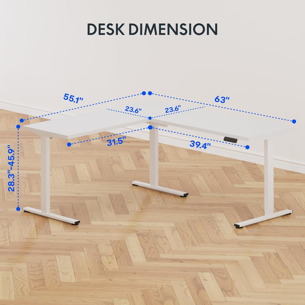 FLEXISPOT L Shaped Standing Desk, 63 x 55 Inch Electric Height Adjustable Corner Desk, Sit Stand Computer Workstation, Preset Controller, Home Office, White Frame with White Top