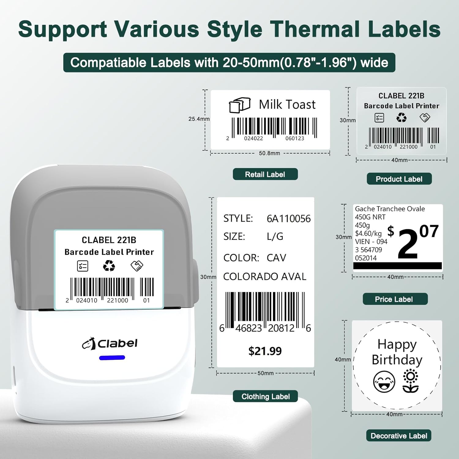 CLABEL Thermal Label Maker Machine 221B Mini Portable Label Printer Thermal Labeling Printing Machine Sticker Bluetooth Label Printer Barcode Inkless Labelmaker for Price Logo Clothing (Gray White)