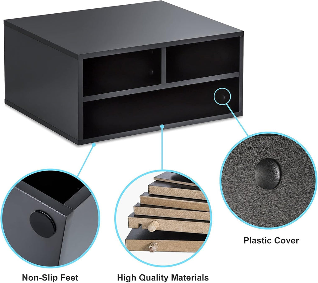FITUEYES Large Printer Stands with 3 Storage Compartments, Desktop Paper Organizer Shelf for Home Office, 2-Tier Printer Riser, Black, 18.9" L x 15.7" W x 8.7" H