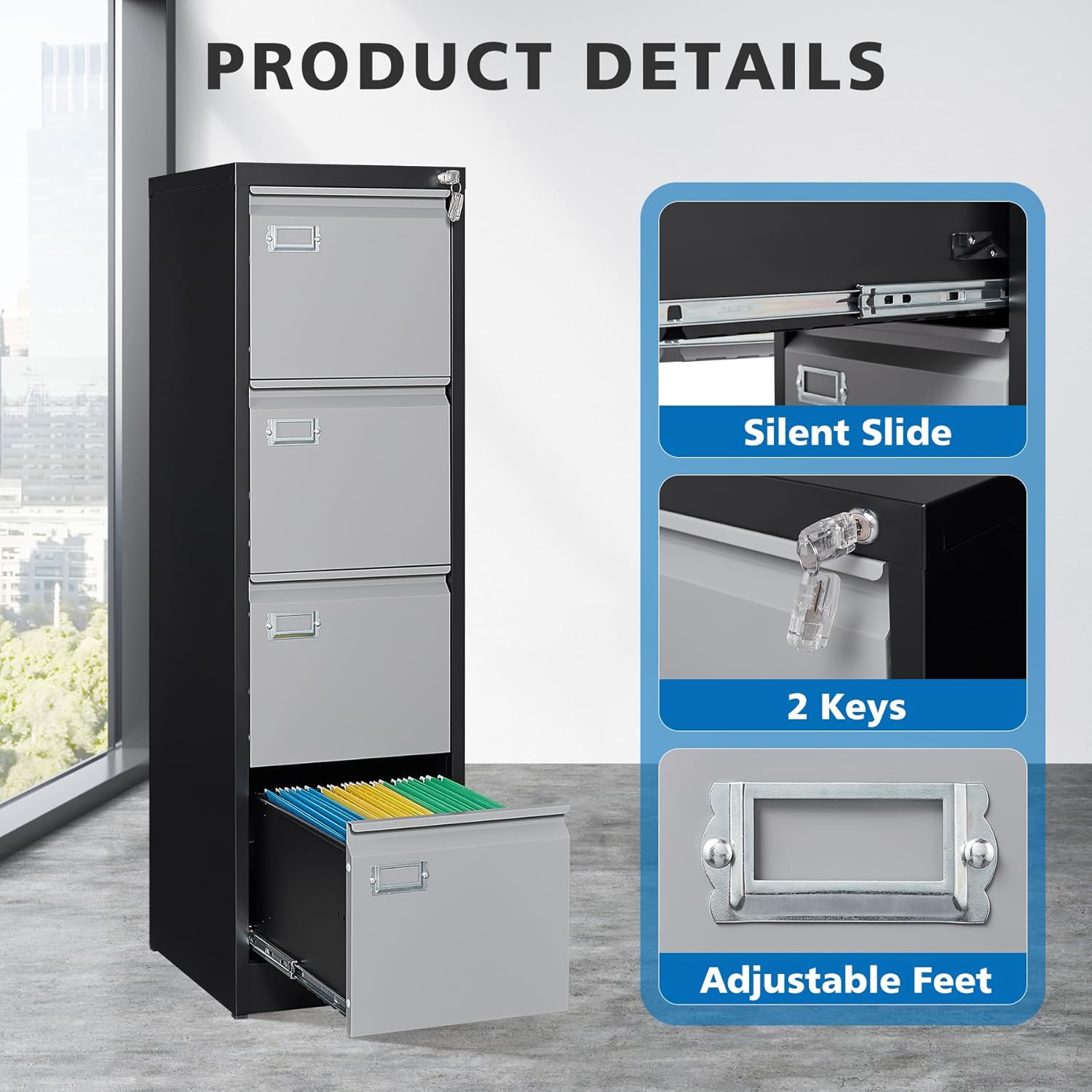 4 Drawer File Cabinet with Lock Metal Vertical Filing Cabinet Office Home Lateral File Cabinet for A4 Legal/Letter Size,Assembly Required (Black Gray, 4 Drawers-Vertical)