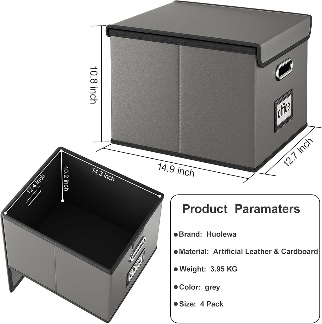 Huolewa Portable Leather File Organizer Boxes with Lids, Office Document Boxes Organizer, Filing Boxes, Decorative Small File Boxes for Hanging Files with Plastic Slide for Office/Decor/Home