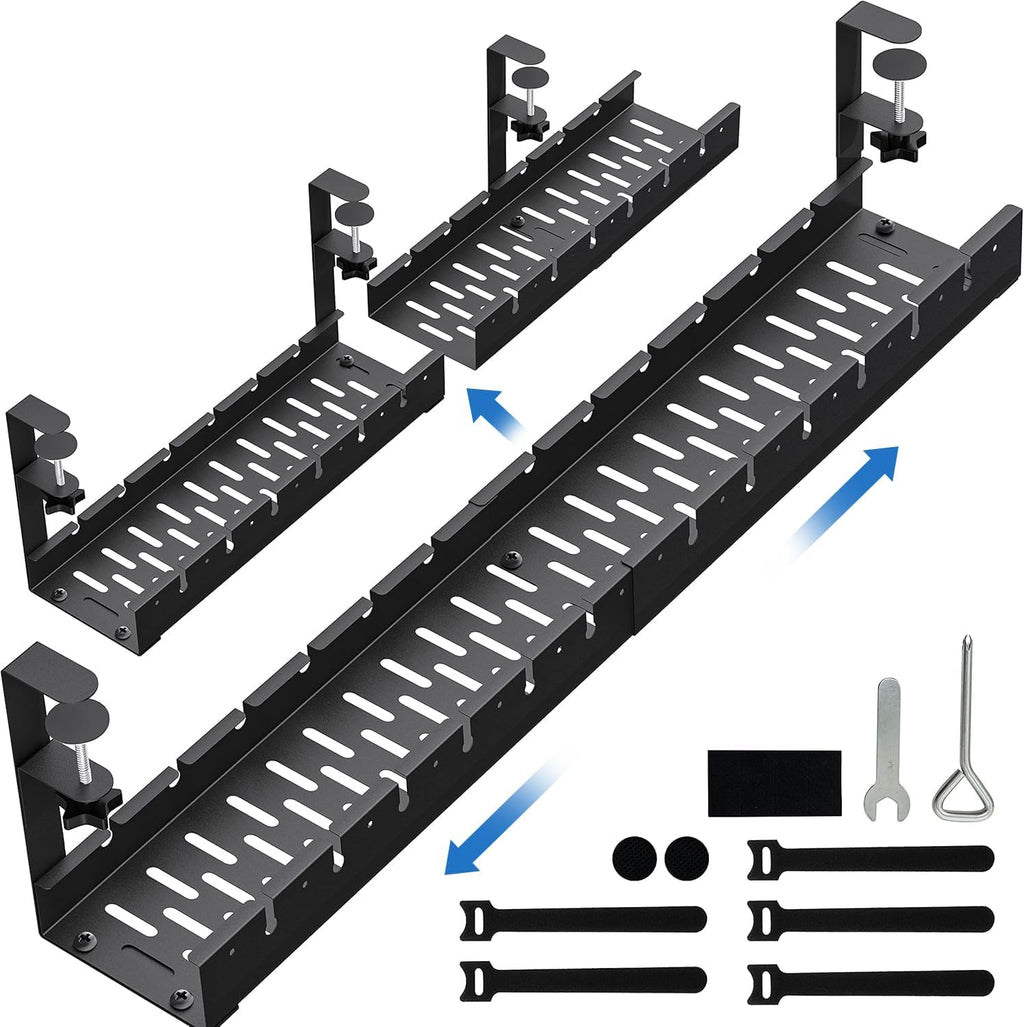 No Drilling Extendable Under Desk Cable Management, Metal Cable Management Tray Under Desk with Clamp, Retractable Power Strip Cord Holder for Wire Management 31Inch(1 Pack Black Extendable 31')