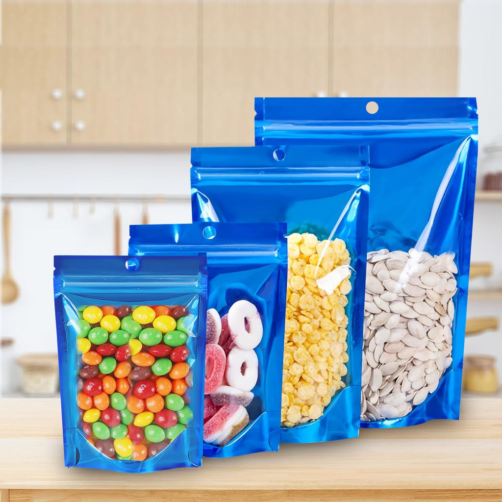 100 Pack Smell Proof Stand Up Mylar Bags with Resealable Zipper & Clear Window - 7.9x11.8 Inch Odor-Proof Aluminum Foil Pouches for Food Storage, Coffee, Cookies, Jewelry, Small Business Packaging