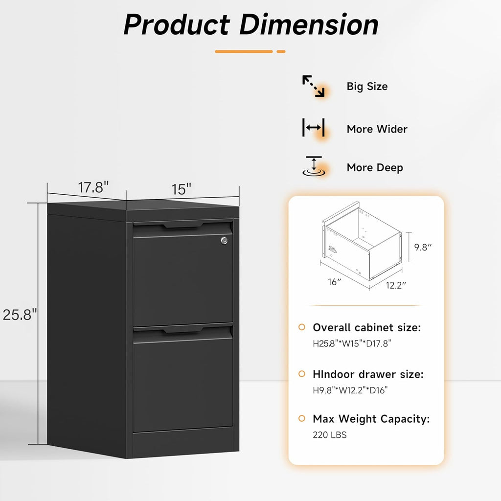 2 Drawer File Cabinet, 17.8" Deep Filing Cabinet for Home Office, Metal Vertical File Cabinet with Lock for Letter/Legal/A4/F4 Size, Easy Assemble (Black)