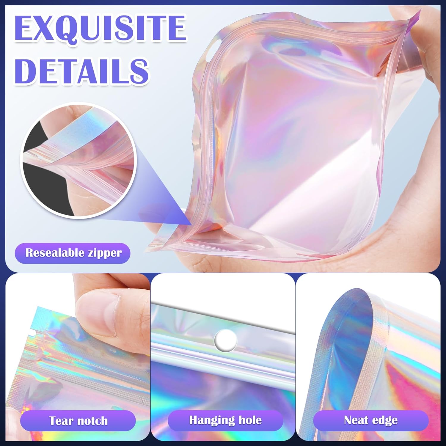 100 Pcs Mylar Bags, Holographic Bags, Smell Proof Bags, Resealable Bags for Small Business, Sample Bags, Sealable Bags for Packaging Gift, Jewelry, Candy, Bracelets, Party Favor (2.8x3.9in)
