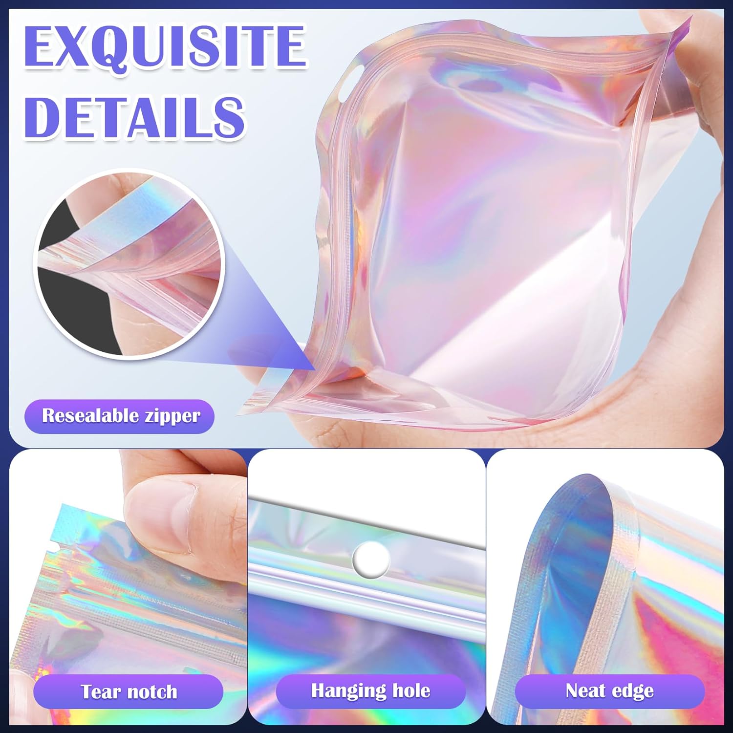 100 Pcs Holographic Mylar Bags, Smell Proof & Resealable Bag for Small Business, Freshie Bags, Sample Bag, Small Baggies Foil Pouch for Candy, Jewelry, Bracelet, Mothers Day Gift (3x5in)