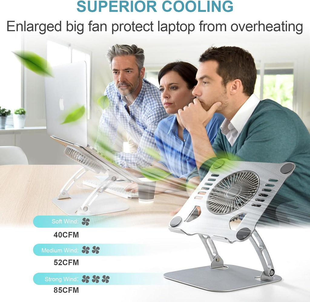 SHUWEI 360° Rotating Laptop Cooling Stand with 3 Speed Fan, Adjustable Height Laptop Stand for Desk, Ergonimic Aluminum Laptop Cooling Pad for 10-15'' Notebook - Silver