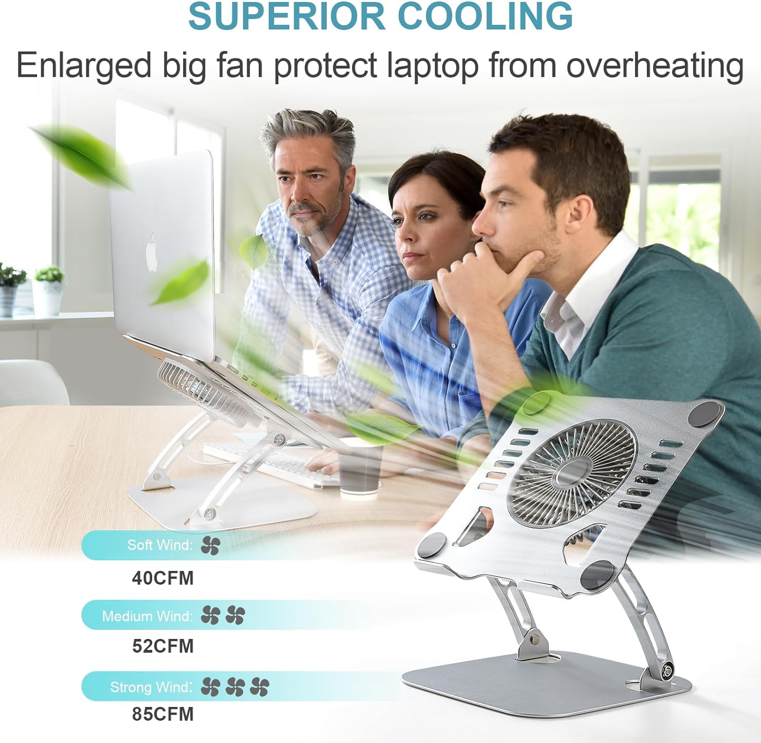 SHUWEI Laptop Cooling Stand with 3 Speed Fan, Adjustable Height Laptop Stand for Desk, Ergonimic Aluminum Laptop Cooling Pad for 10-15'' Notebook - Silver