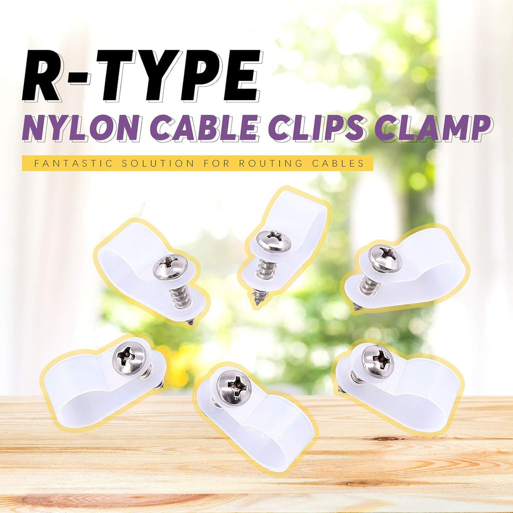 Swpeet 60 Pack White 1/2 Inch Nylon Plastic R-Type Cable Clips Clamp Kit, Nylon Screw Mounting Cord Fastener Clips with 60 Pack Screws for Wire Management (1/2 Inch, White)