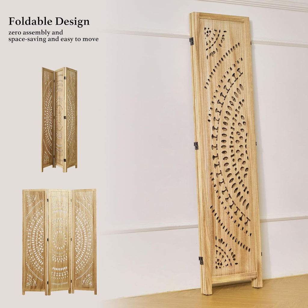 66.9Inch Folding Room Divider, 3 Panels Wood Carved Privacy Screens, Free Assembled Freestanding Partition for Home Office Restaurant Bedroom (Natural)