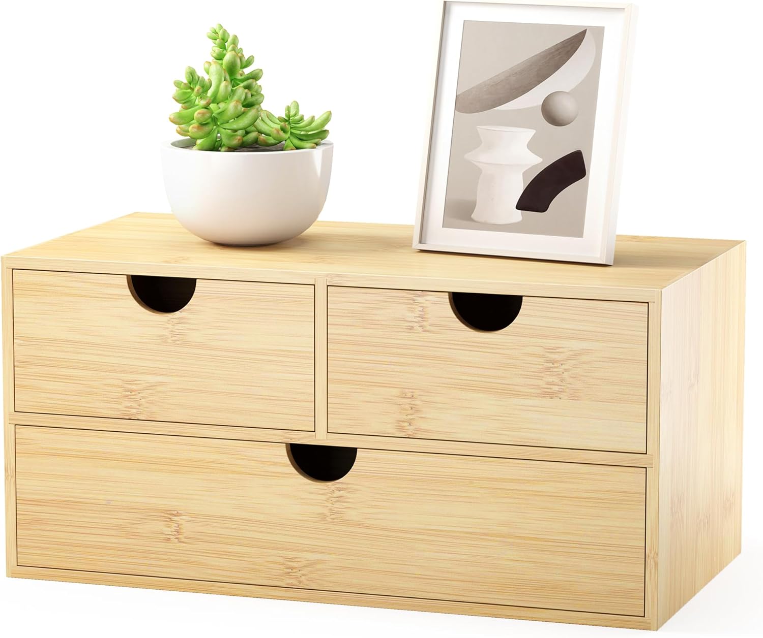 Bamboo Desk Organizer with Drawers - Small Desktop Countertop Mini Tabletop Storage Container - No Assembly Required