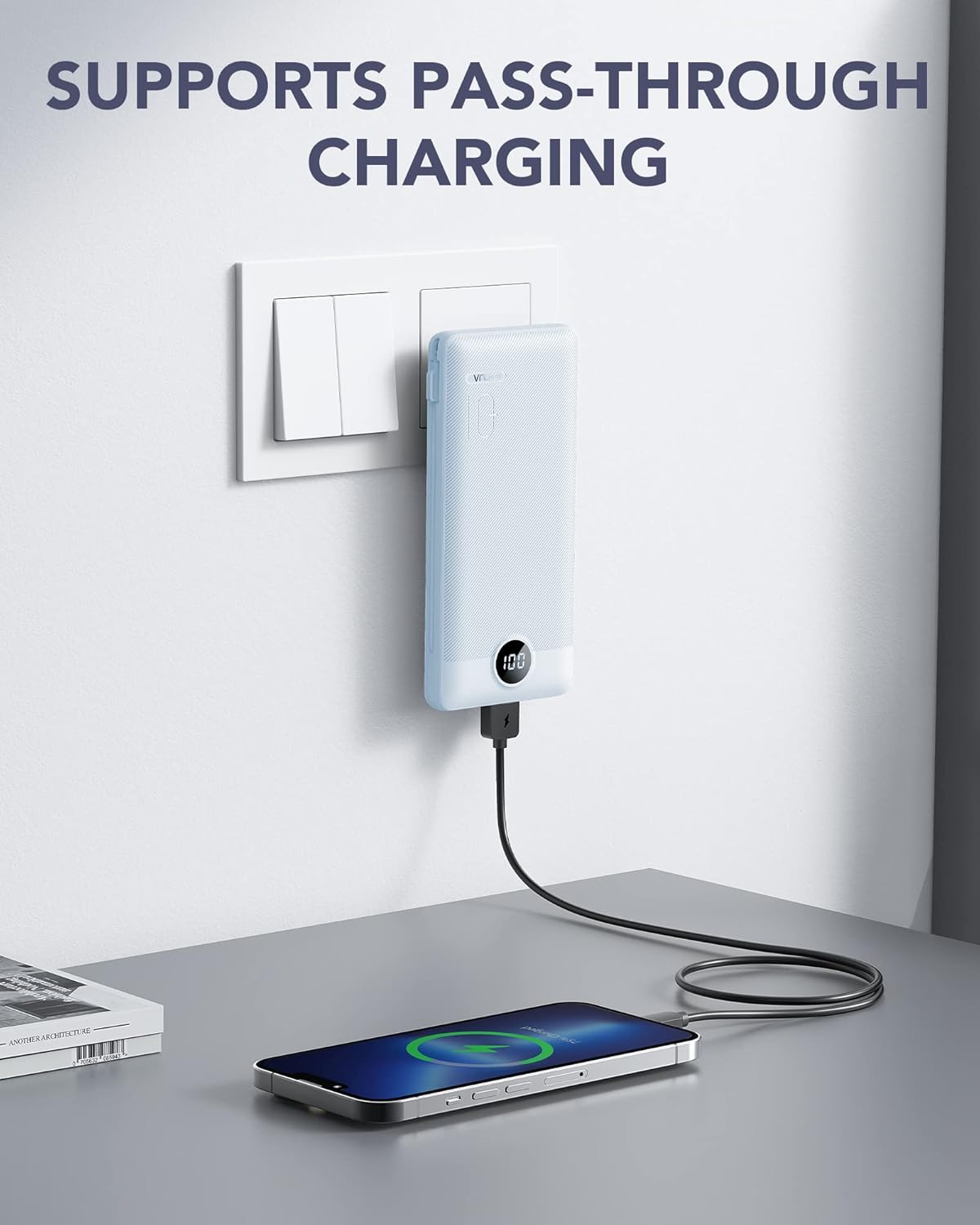 VRURC Portable Charger Built-in Cables and AC Wall Plug, USB C Power Bank 10000mAh, Travel Essentials Phone Charger Compact Lightweight External Battery Pack for Smart Phones, Tablets etc-Blue