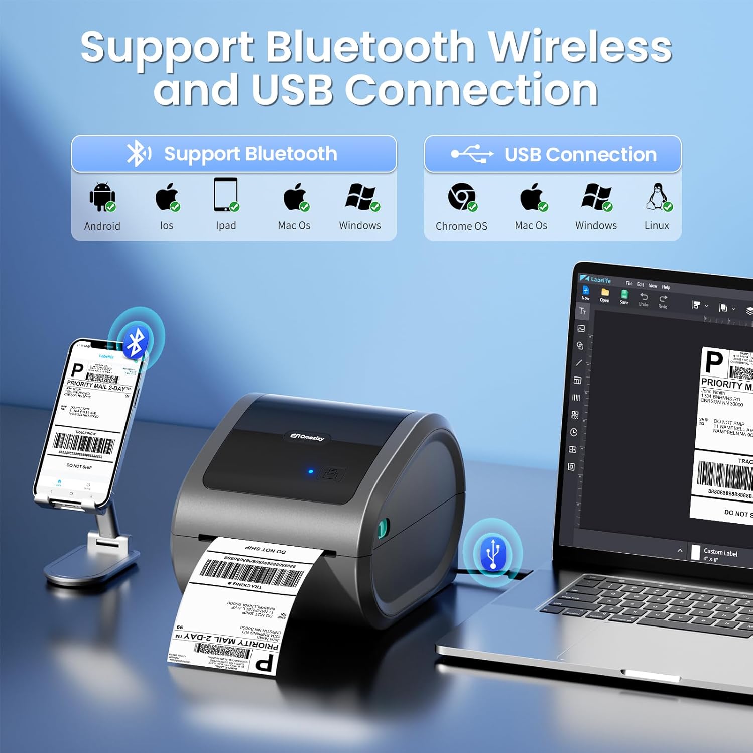 Bluetooth Thermal Label Printer 4x6 - D520BT Thermal Shipping Label Printer for Small Business, Wireless Label Printer with Built-in Label Holder, Compatible with USPS, Shopify