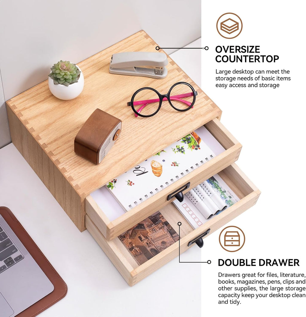 Kirigen Natural Wood Desktop Storage Cabinet -Shallow Type Drawers - Fax Stand with metal handle - Small File organizer Size 13.78"L*10.6"W*5.9"H(NA, 2-Layer &2 Drawers)