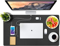 Leather Desk Mat for Keyboard and Mouse, Office Desk Mat Cable Organizer, Black 13.8" x 23.6"
