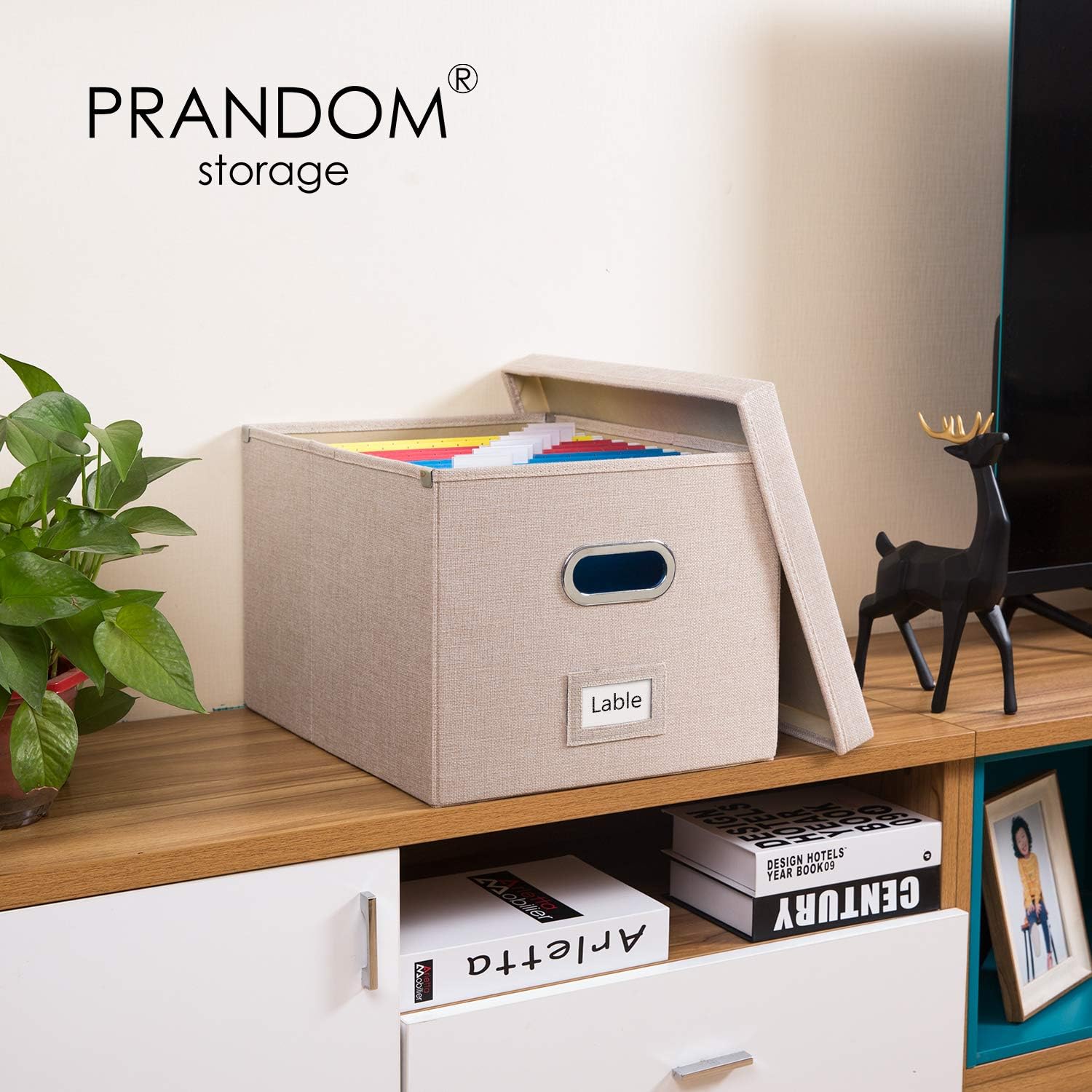 PRANDOM File Organizer Box - Set of 4 Collapsible Decorative Linen Filing Storage Hanging File Folders with Lids Office Cabinet Letter/Legal Size Light Grey (17x14x11.2 inch)