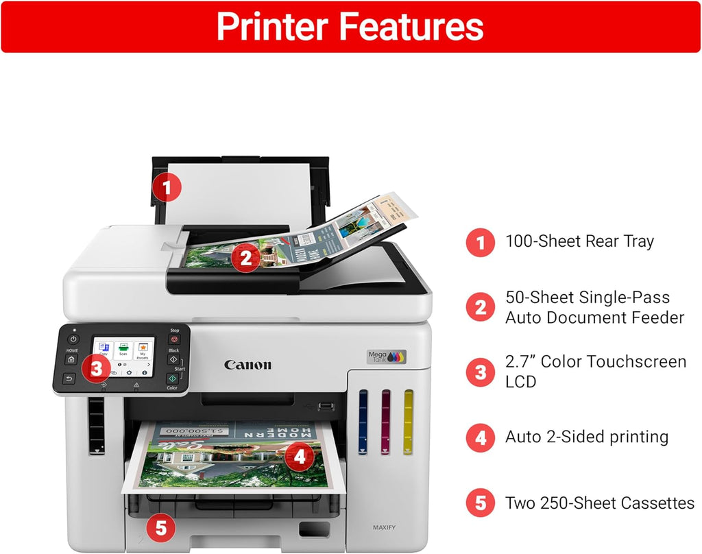 Canon Megatank GX7120 Wireless All-in-One Printer, Print, Copy, Scan and Fax with 2.7" LCD Touch Screen and Auto Document Feeder, White