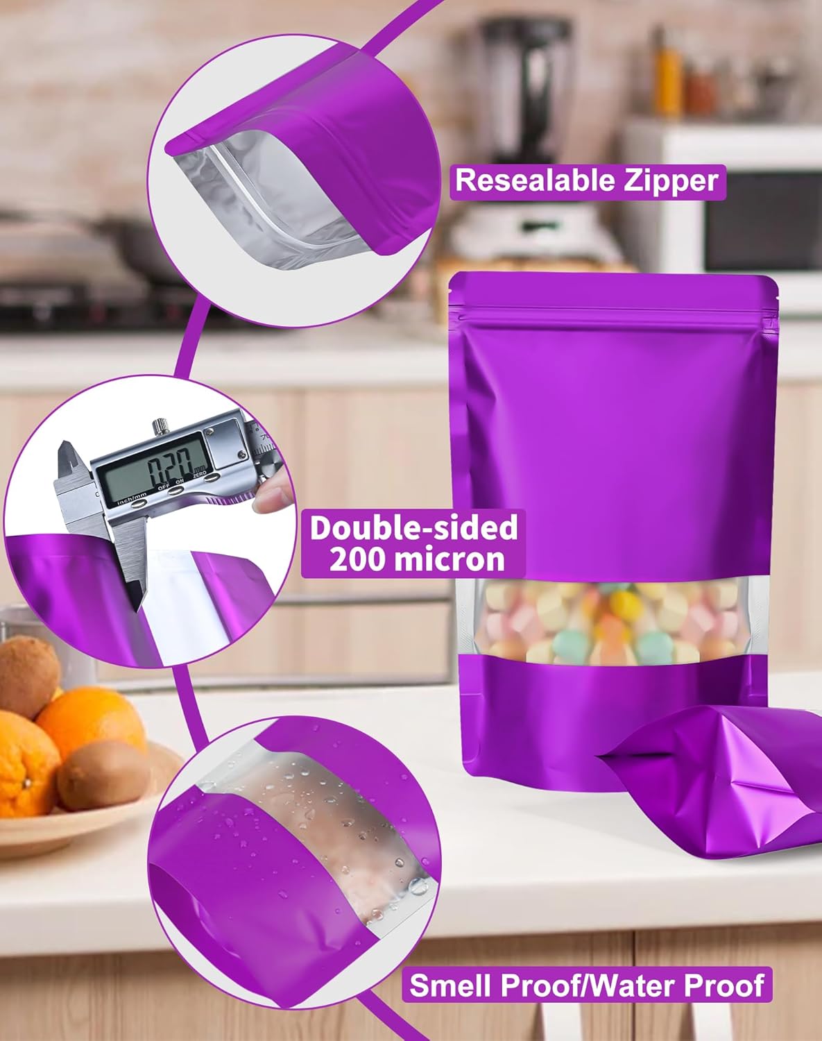 FireKylin 100 Pack Smell Proof Bags 5.5" x 7.8", Resealable Bags with Matte Window, Foil Pouch Stand Up Sealable Bags for Packaging（Purple）